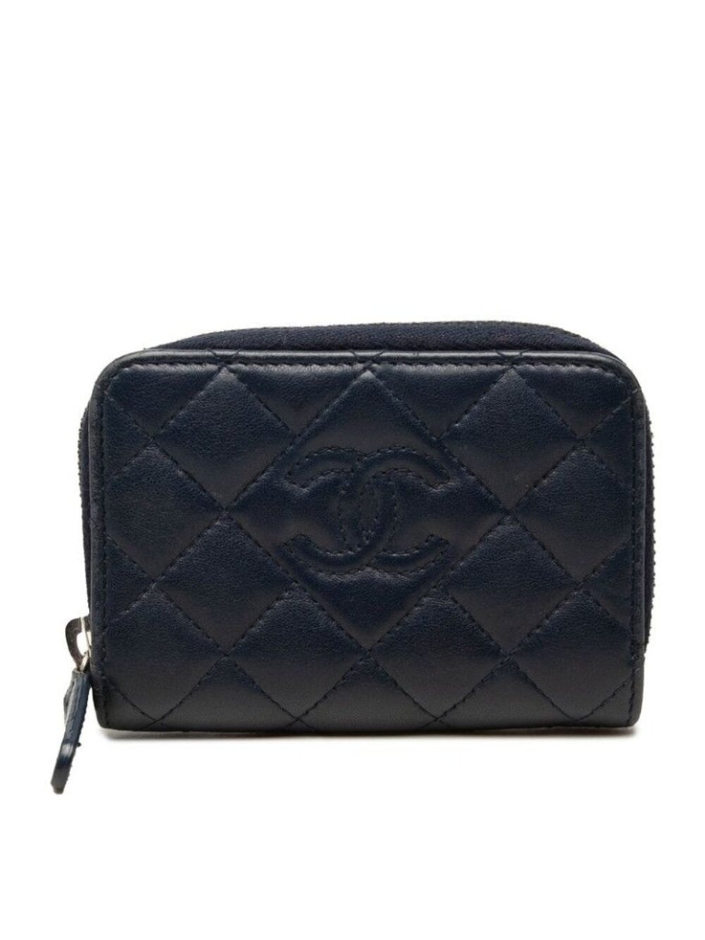 Chanel CC Logo Quilted Coin Purse Navy Silver Lambskin